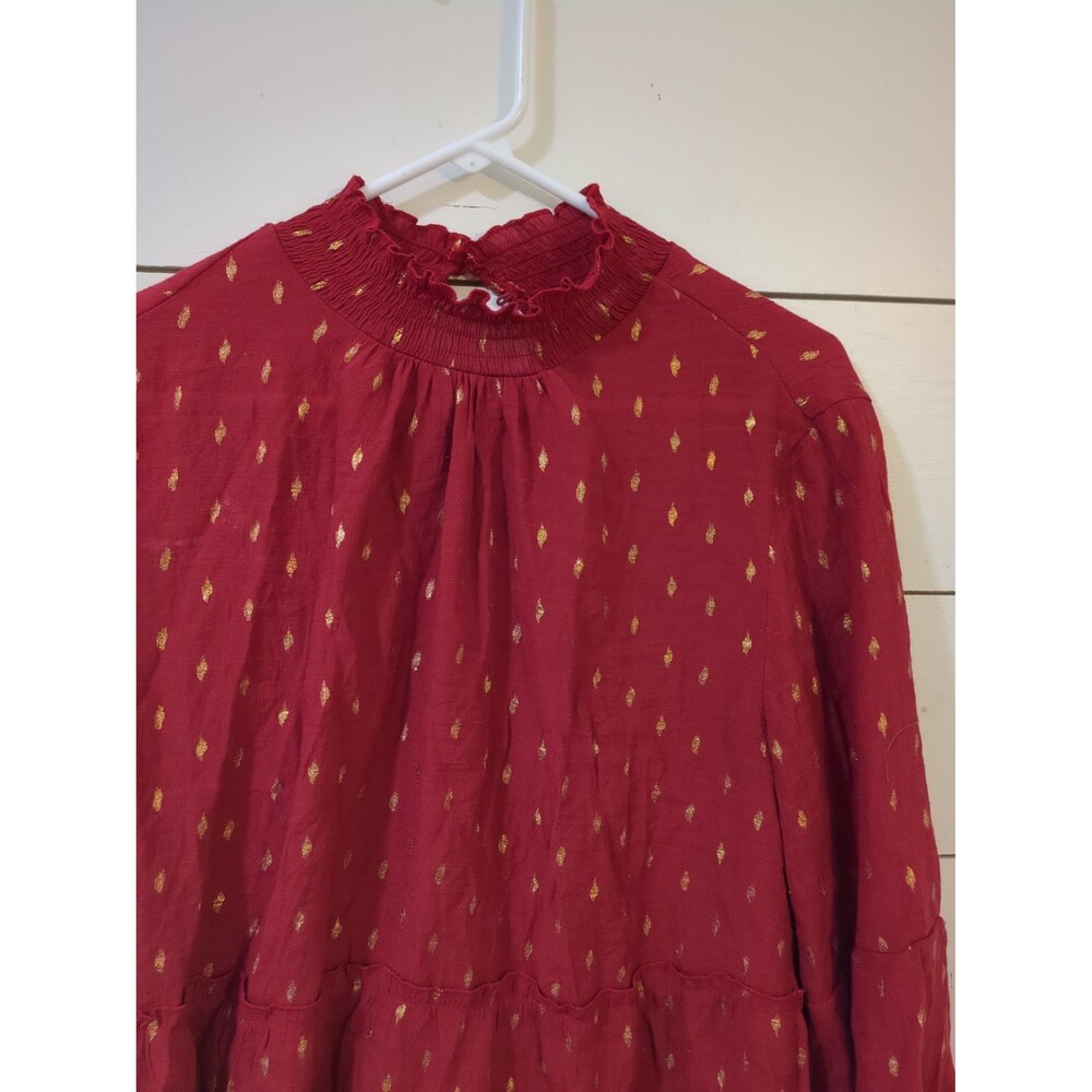 Cato XL deep red gold pattern gauzy mock neck top holiday Christmas fall